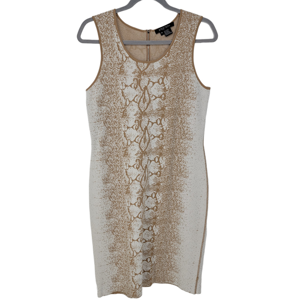 Etcetera Womens Knit Dress Sz Medium Brown White Snake Print Sleeveless Back Zip
